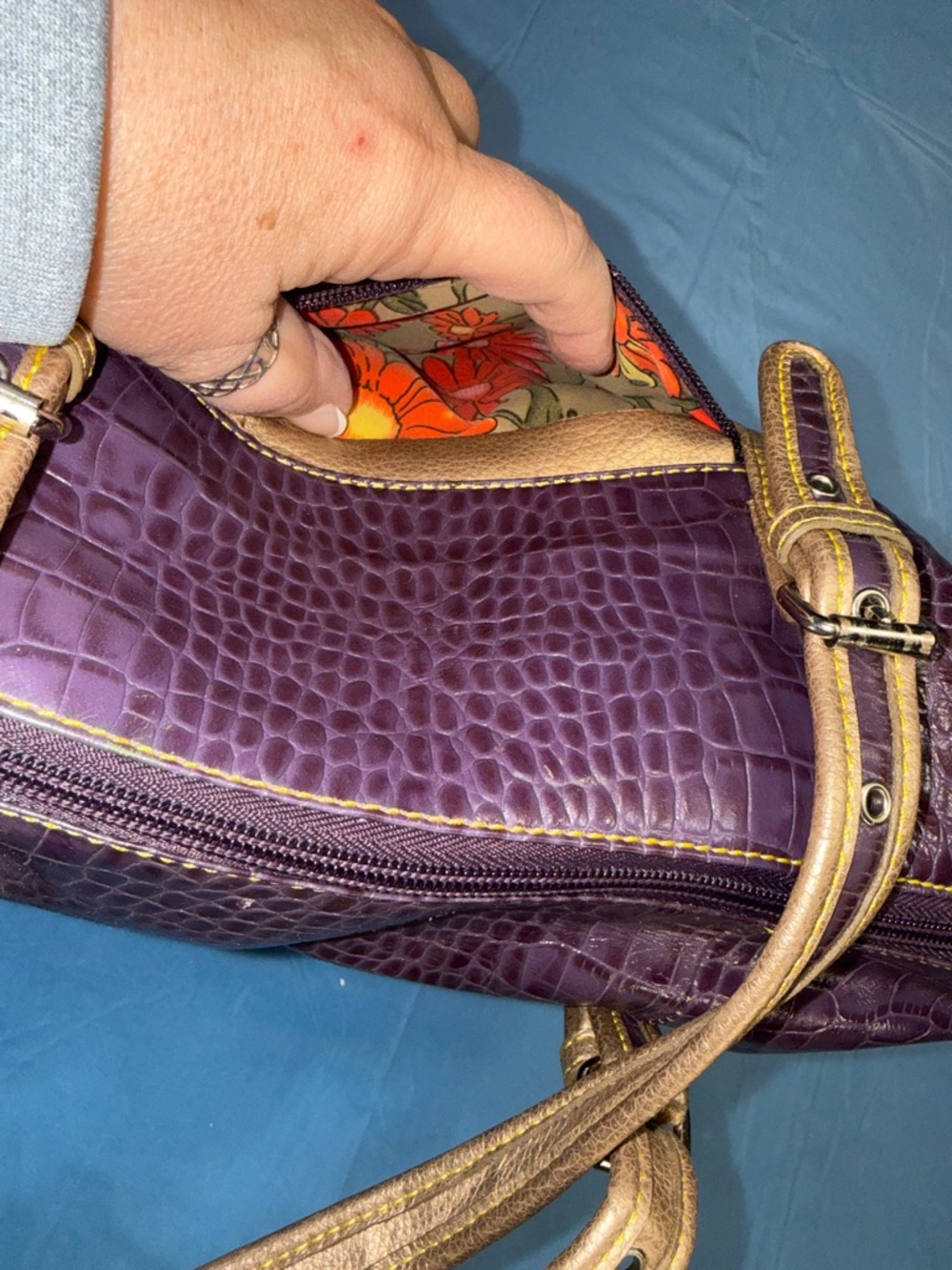 Sharif Purple Croc-Embossed Satchel with Gold Trim - Picture 10 of 16